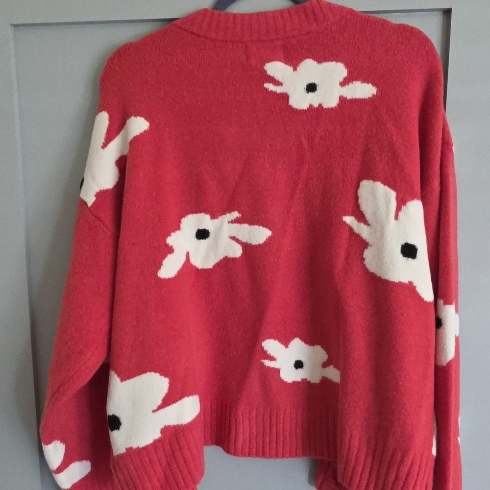 Universal Thread Red Chunky Cardigan Sweater with White Floral Pattern - Picture 3 of 5